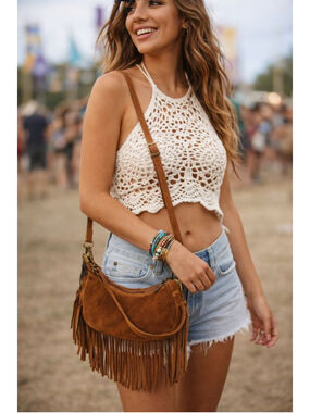 New! Women's Marlon Firenze Brown Calf Suede Fringe Crossbody/Shoulder Bag Italy